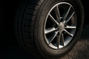 Close-up macro photo of a single 205 60 R16 car tire mounted on a vehicle, showing detailed tread texture making contact with realistic asphalt surface under natural lighting.