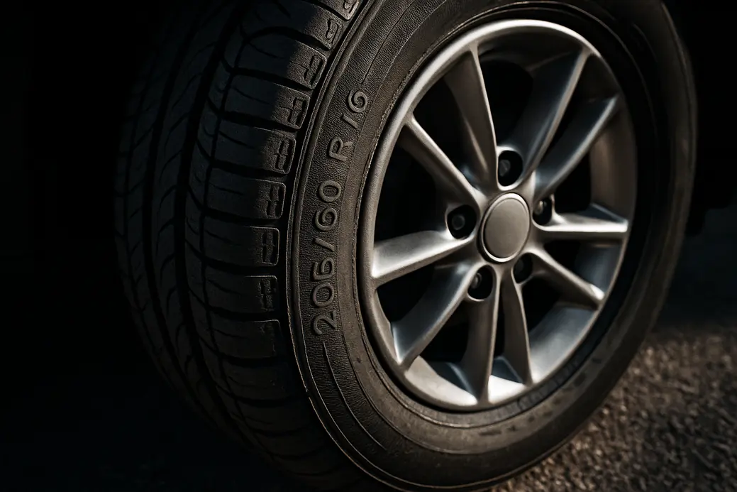 Close-up macro photo of a single 205 60 R16 car tire mounted on a vehicle, showing detailed tread texture making contact with realistic asphalt surface under natural lighting.