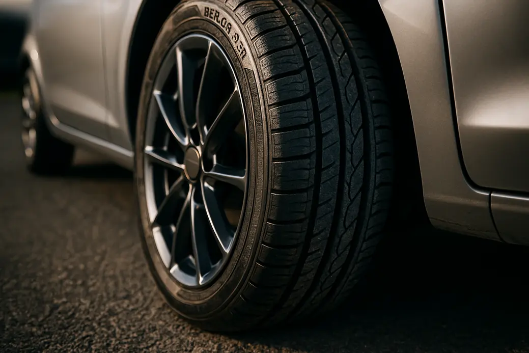 Close-up photo of a 205 50 R17 car tire mounted on the front of a compact sporty car, showing detailed rubber tread and contact with coarse asphalt beneath.
