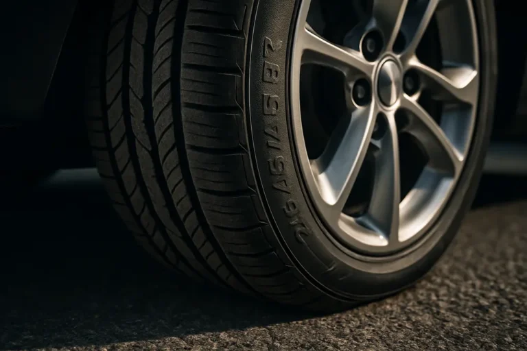 Close-up of a 215/45 R17 car tire mounted on a wheel, showing detailed rubber tread and slight deformation as it contacts coarse asphalt under realistic side lighting