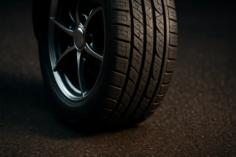 Close-up macro photo of a single 215 55 r17 car tire mounted on a metallic rim, showing detailed tread and deformation as it makes contact with a coarse asphalt surface, emphasizing the concept of ideal tire pressure.