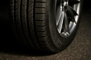 Macro photo of a single 225 50 R17 car tire mounted on a vehicle, showing detailed rubber texture and contact with coarse asphalt, illuminated with dramatic side lighting emphasizing optimal tire pressure
