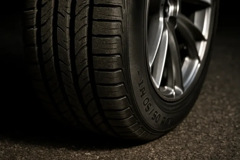Macro photo of a single 225 50 R17 car tire mounted on a vehicle, showing detailed rubber texture and contact with coarse asphalt, illuminated with dramatic side lighting emphasizing optimal tire pressure
