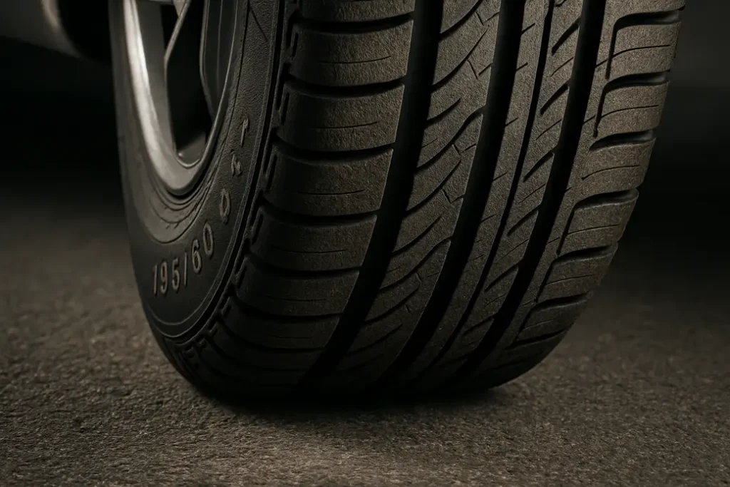 Macro close-up image of a single mounted 195/60 R15 tire showing detailed rubber texture and full contact with an asphalt surface, emphasizing optimal inflation and tire performance.