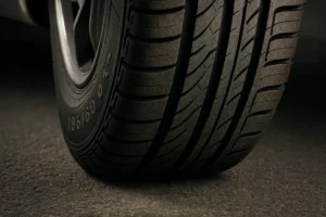 Macro close-up image of a single mounted 195/60 R15 tire showing detailed rubber texture and full contact with an asphalt surface, emphasizing optimal inflation and tire performance.
