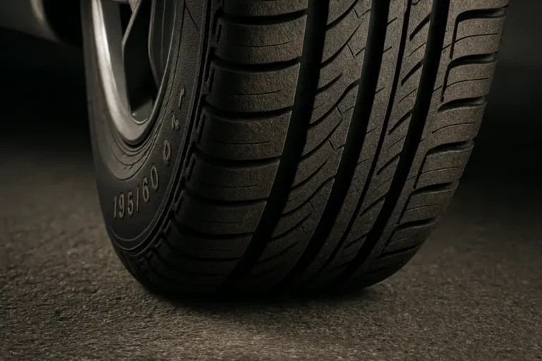 Macro close-up image of a single mounted 195/60 R15 tire showing detailed rubber texture and full contact with an asphalt surface, emphasizing optimal inflation and tire performance.