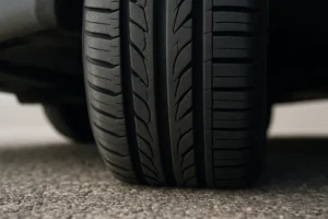 Macro close-up photo of a single car tire mounted on a vehicle, showing subtle tread deformation indicating optimal pressure and clear contact with coarse asphalt under natural lighting
