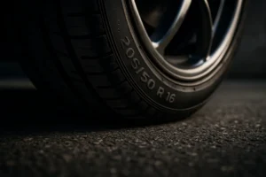 Macro close-up photo of a single 205/50 R16 car tire's contact patch firmly pressing against a coarse asphalt surface, showing detailed tread pattern and vulcanized rubber texture, with rim reflections and realistic lighting