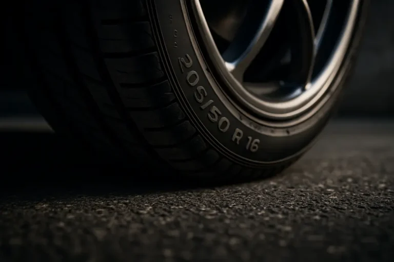 Macro close-up photo of a single 205/50 R16 car tire's contact patch firmly pressing against a coarse asphalt surface, showing detailed tread pattern and vulcanized rubber texture, with rim reflections and realistic lighting