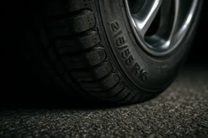 Close-up macro photograph of a single 215 55 R16 car tire mounted on a vehicle, showing detailed tread pattern and the contact patch with coarse asphalt, highlighting tire-road interaction for safety and performance illustration.