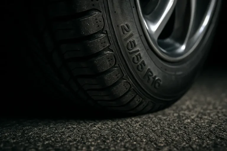 Close-up macro photograph of a single 215 55 R16 car tire mounted on a vehicle, showing detailed tread pattern and the contact patch with coarse asphalt, highlighting tire-road interaction for safety and performance illustration.