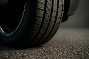 Close-up macro photo of a single car tire mounted on a rim attached to a vehicle, focusing on the detailed tire tread and rubber contact with coarse asphalt, with a blurred neutral background