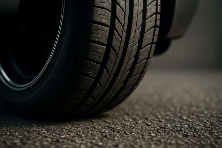 Close-up macro photo of a single car tire mounted on a rim attached to a vehicle, focusing on the detailed tire tread and rubber contact with coarse asphalt, with a blurred neutral background