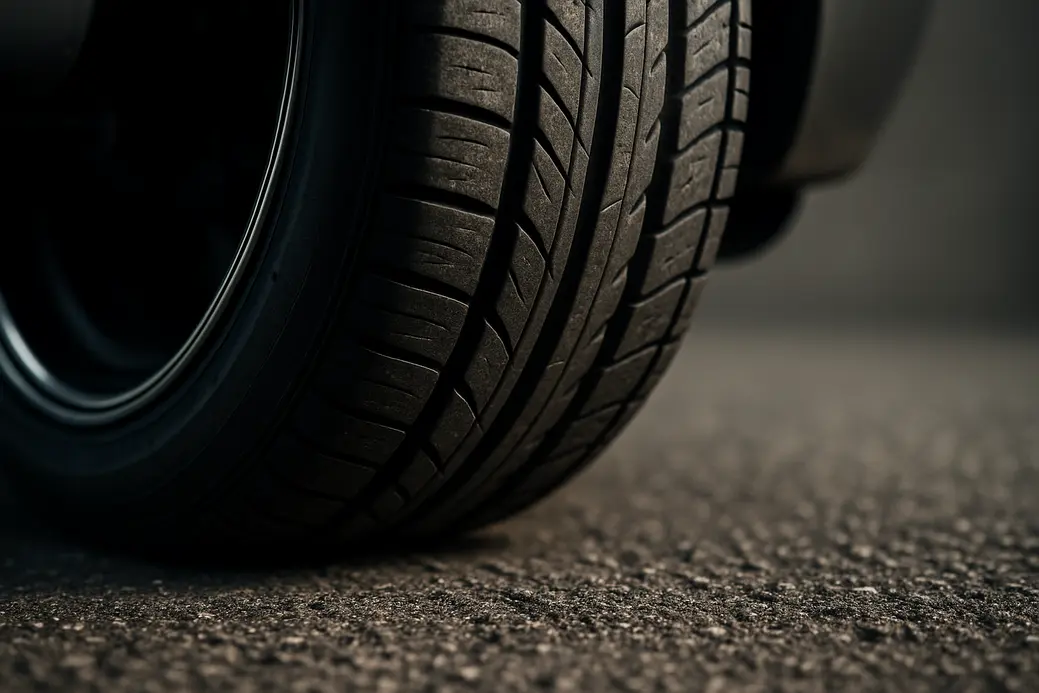Close-up macro photo of a single car tire mounted on a rim attached to a vehicle, focusing on the detailed tire tread and rubber contact with coarse asphalt, with a blurred neutral background