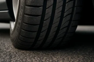 Macro photo of a single 235 40 R18 car tire mounted on a vehicle, showing detailed tread contact with coarse asphalt surface, focusing on the optimal tire pressure and profile contact.