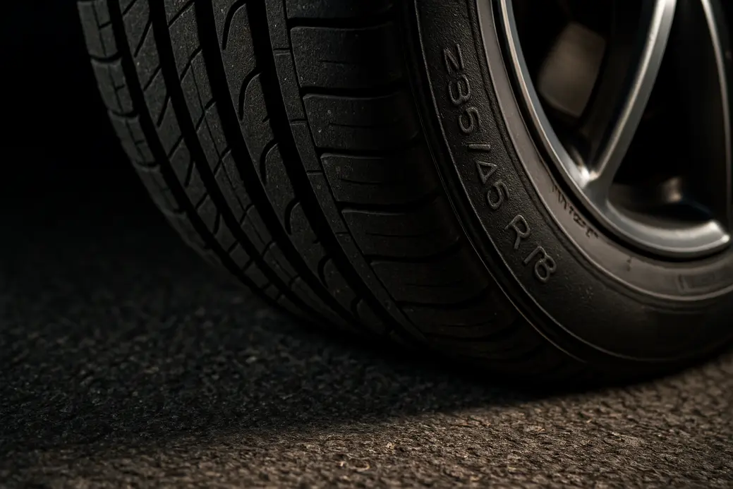 Close-up macro photograph of a single car tire 235/45 R18 in contact with coarse asphalt, showing tread details and natural tire deformation representing proper inflation
