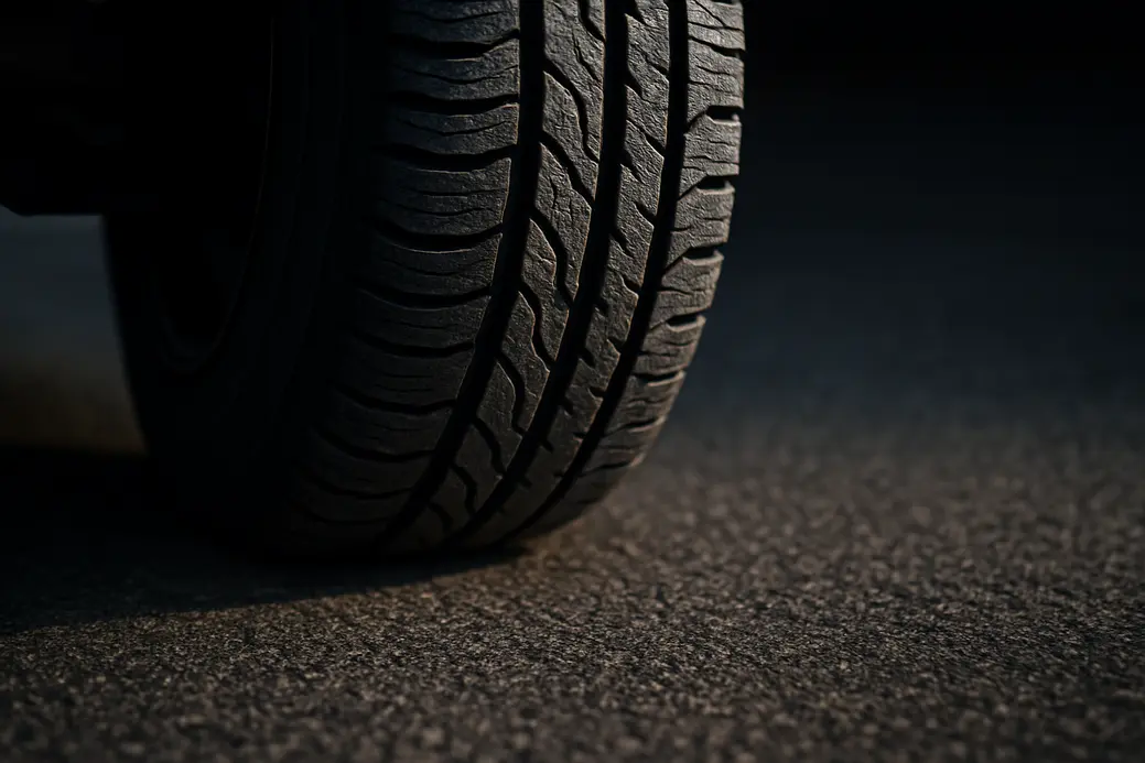 Close-up photo of a single car tire mounted on a vehicle, showing detailed rubber tread and texture on a realistic asphalt surface
