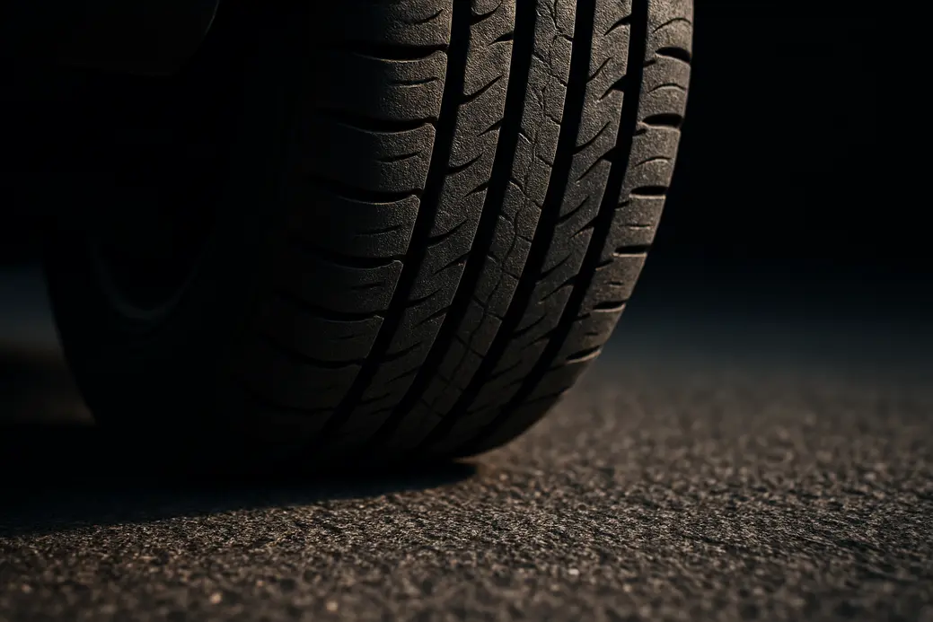 Close-up macro photograph of a single properly inflated car tire mounted on a vehicle, showing detailed vulcanized rubber texture in contact with coarse asphalt under dramatic side lighting.