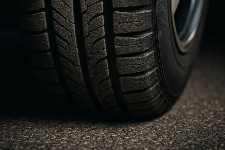 Close-up macro photo of a single car tire mounted on a vehicle showing detailed rubber tread and its slightly deformed contact patch against coarse asphalt road surface under dramatic side lighting.