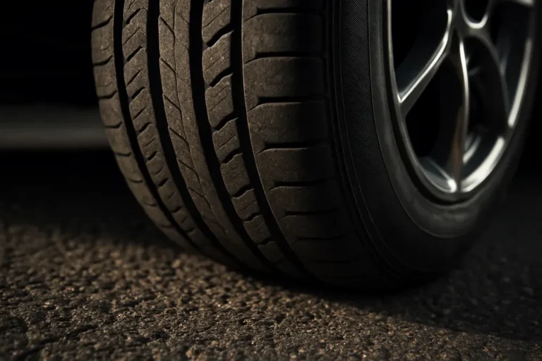Close-up macro photo of a single car tire mounted on a vehicle, showing rubber tread texture and subtle wear or deformation on the contact area with asphalt road surface
