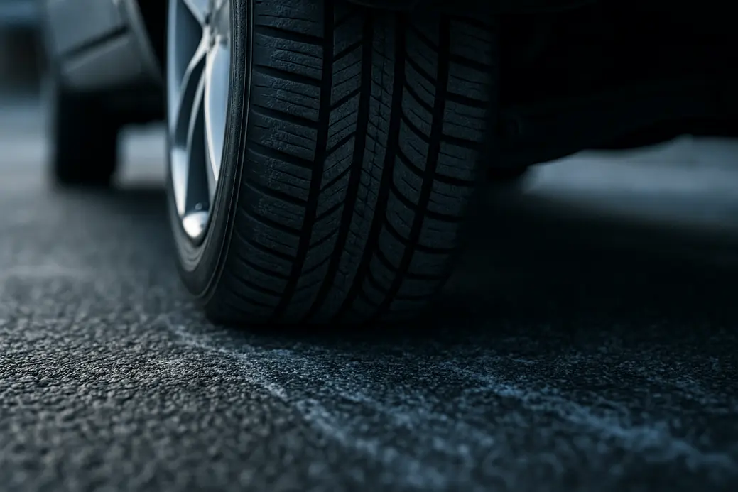 Macro photo of a single car tire mounted under a vehicle on a cold, moist asphalt road, showing detailed rubber tread and contact with frosty asphalt surface