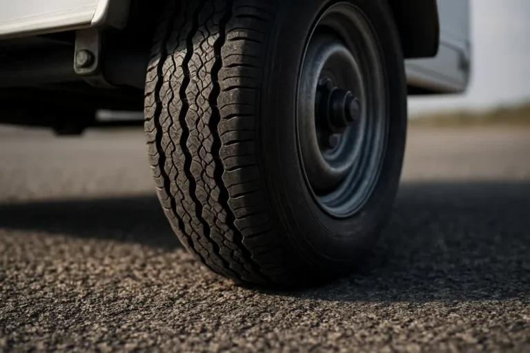 Close-up photo of a single caravan tire mounted on an axle, showing slight deformation at the bottom where it contacts coarse asphalt, highlighting proper air pressure with detailed rubber texture and tire tread, illuminated by side-front light.