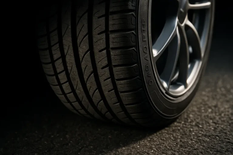 Close-up photorealistic macro image of a single 245 40 R18 tire mounted on a car rim, showing detailed tire tread and slight deformation at the contact patch on a coarse asphalt surface