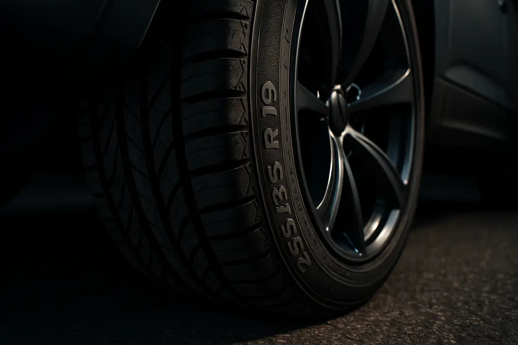 Macro close-up of a single 255 35 R19 car tire mounted on a sporty mid-size SUV, showing detailed rubber tread and sidewall texture against a coarse asphalt background with part of the vehicle chassis visible.