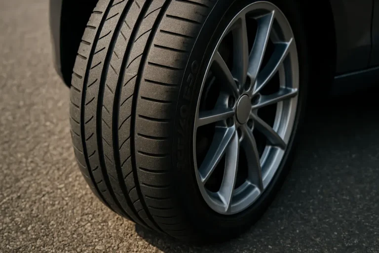Close-up photo of a single 255/40 R20 car tire mounted on a vehicle, showing detailed vulcanized rubber texture and tread contact with coarse asphalt surface, captured from side and slightly above with neutral background