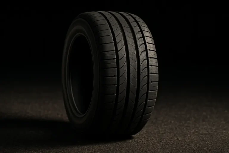 Macro close-up photo of a single mounted car tire showing detailed vulcanized rubber texture and tread pattern, side profile with subtle deformation under load on coarse asphalt surface