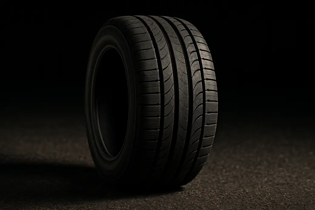 Macro close-up photo of a single mounted car tire showing detailed vulcanized rubber texture and tread pattern, side profile with subtle deformation under load on coarse asphalt surface