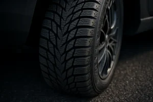 Macro close-up of a single mounted winter tire on a car, showing detailed tread pattern and rubber texture in contact with a coarse asphalt surface, illustrating correct tire pressure through visible deformation and grip.