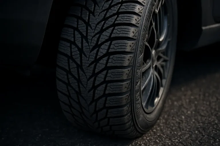 Macro close-up of a single mounted winter tire on a car, showing detailed tread pattern and rubber texture in contact with a coarse asphalt surface, illustrating correct tire pressure through visible deformation and grip.