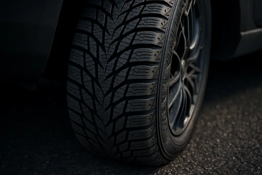 Macro close-up of a single mounted winter tire on a car, showing detailed tread pattern and rubber texture in contact with a coarse asphalt surface, illustrating correct tire pressure through visible deformation and grip.