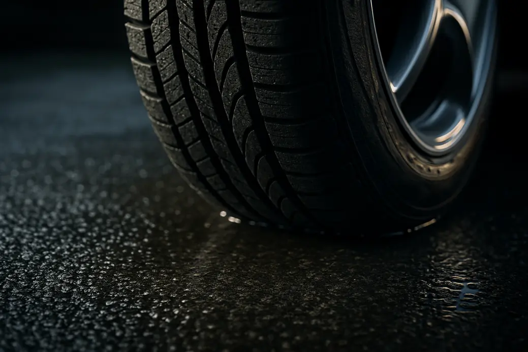 Macro close-up of a single car tire mounted on a vehicle, showing detailed rubber texture and water film on wet asphalt at the contact patch, with blurred background