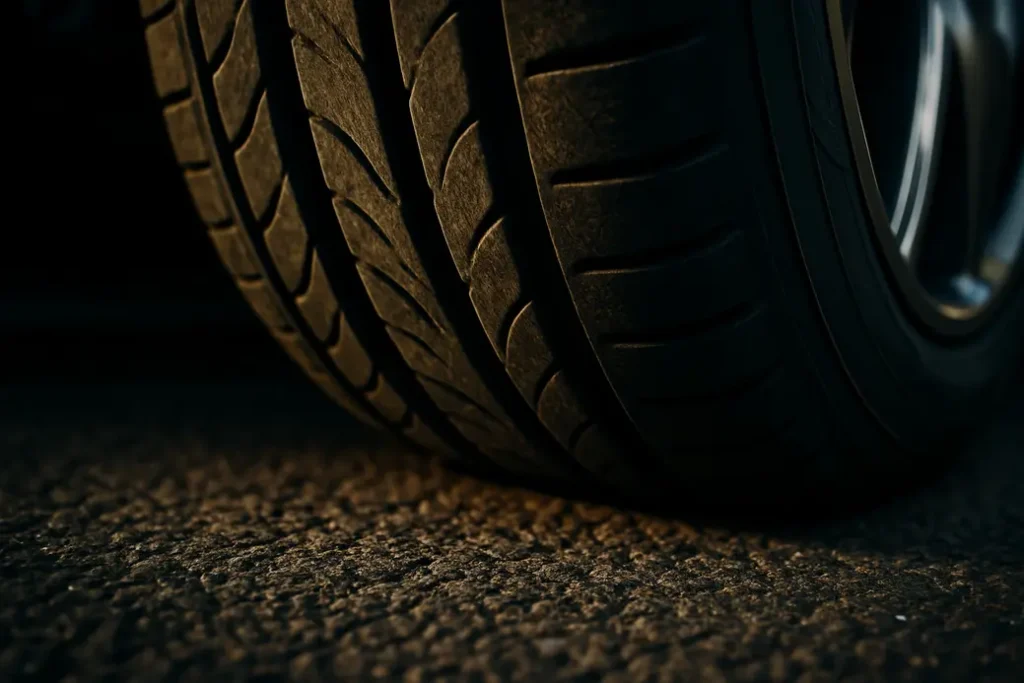 Close-up macro photograph of a single car tire mounted on a car, showing detailed rubber tread texture, subtle deformation of the tire from incorrect pressure, and the tire's contact patch with coarse asphalt.