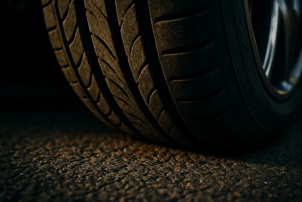 Close-up macro photograph of a single car tire mounted on a car, showing detailed rubber tread texture, subtle deformation of the tire from incorrect pressure, and the tire's contact patch with coarse asphalt.