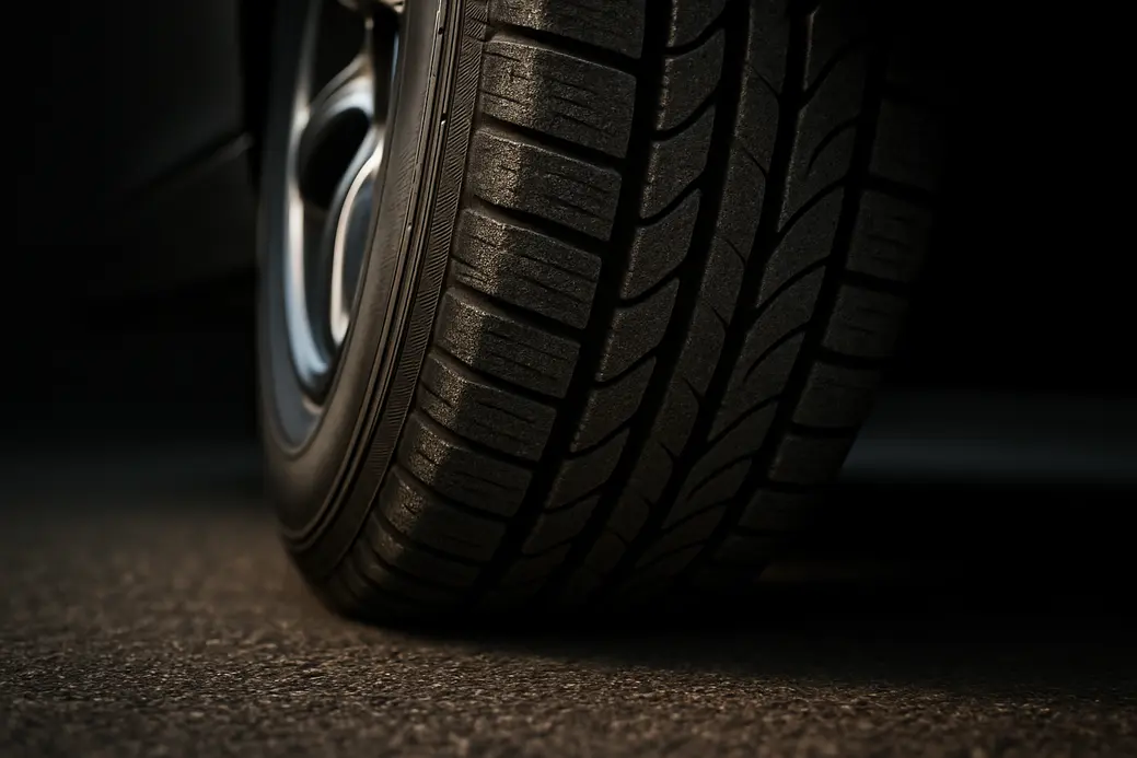 Macro close-up photo of a single car tire mounted on a vehicle, showing detailed tread on vulcanized rubber, metal rim reflections, tire contact with coarse asphalt, and slight sidewall deformation indicating air pressure