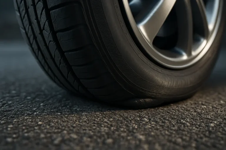 Macro close-up of a single car tire mounted on a vehicle with visible deformation of the vulcanized rubber at the contact point against a coarse asphalt road surface, illustrating the effect of incorrect tire pressure.