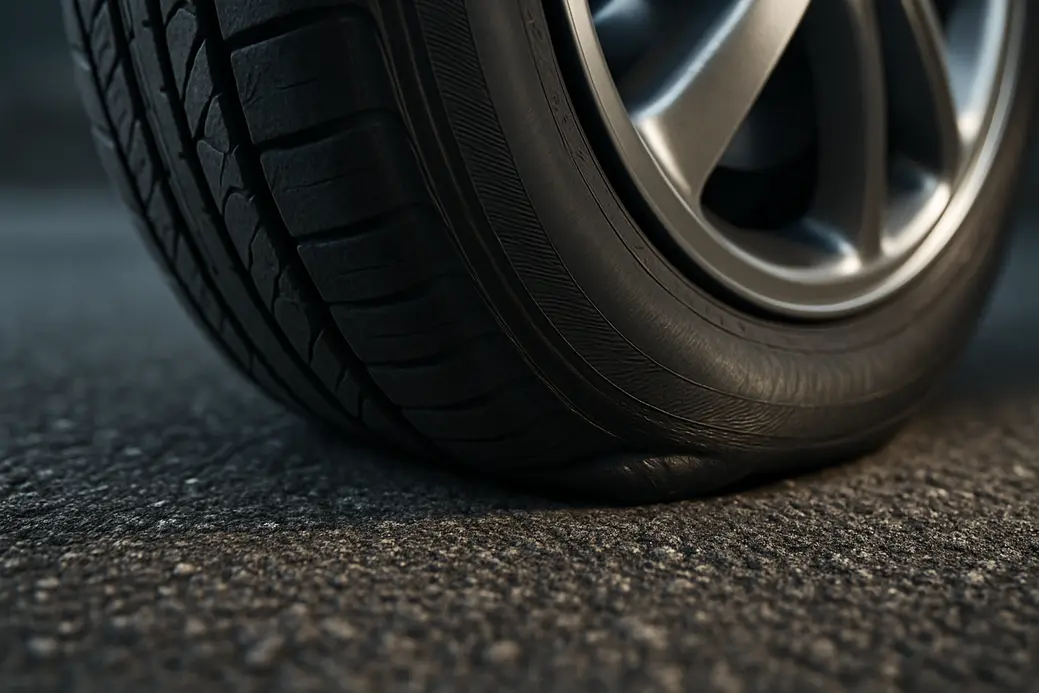 Macro close-up of a single car tire mounted on a vehicle with visible deformation of the vulcanized rubber at the contact point against a coarse asphalt road surface, illustrating the effect of incorrect tire pressure.