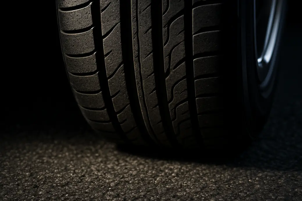 Macro close-up photo of a single car tire mounted on a vehicle, showing detailed vulcanized rubber tread texture making contact with coarse asphalt road surface under dramatic side lighting.
