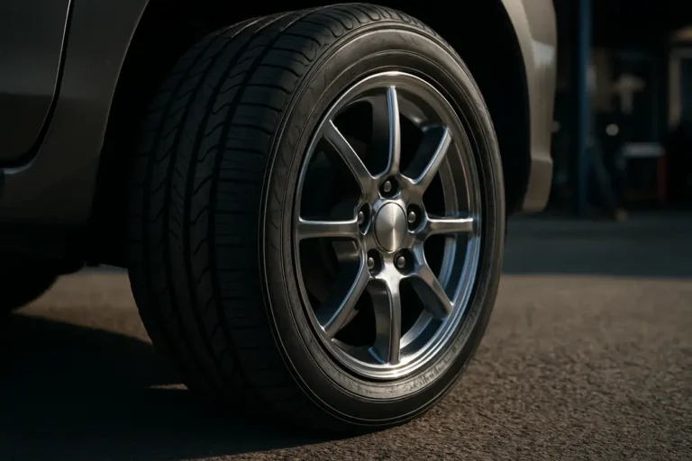 Close-up macro photo of a single car tire with a visible rubber tread mounted on a polished metal rim, showing the tire rim fit and contact with coarse asphalt road surface in a realistic automotive workshop environment.