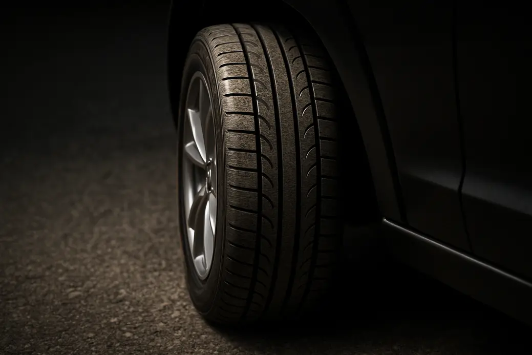 Close-up photograph of a single car tire mounted on a vehicle, showing detailed tread pattern and sidewall texture on an asphalt surface with part of the car rim visible