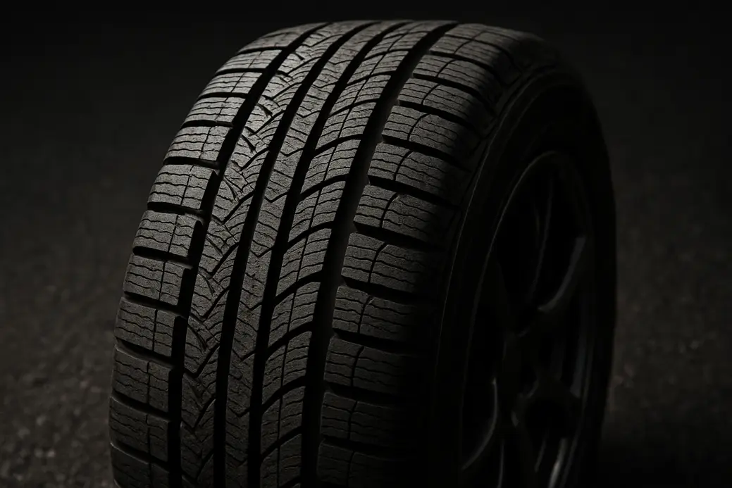 Macro close-up photo of a mounted all season tire showing detailed tread pattern and rubber texture against a coarse asphalt surface