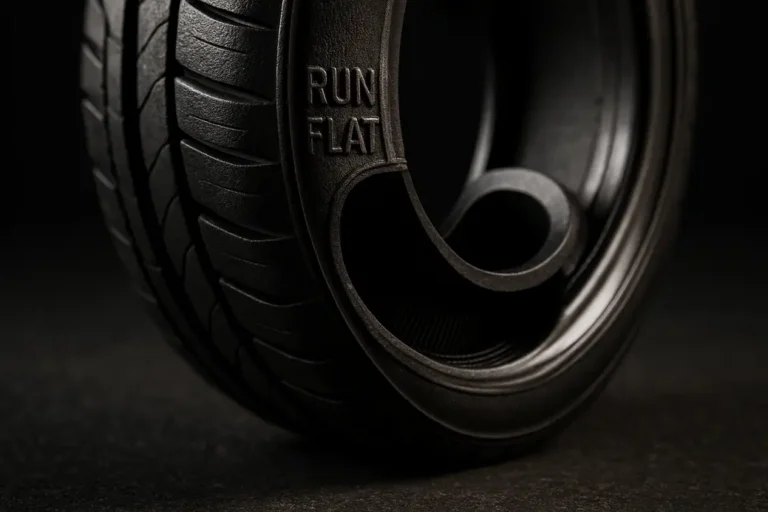 Close-up macro photograph of a single runflat tire mounted on a car, showing the reinforced sidewall and internal support ring with a blurred asphalt or studio background.