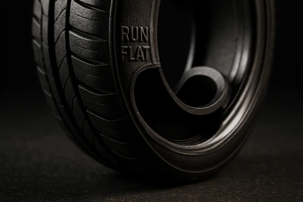 Close-up macro photograph of a single runflat tire mounted on a car, showing the reinforced sidewall and internal support ring with a blurred asphalt or studio background.