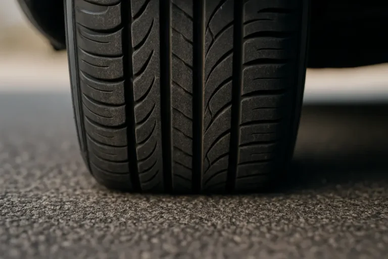Close-up macro photo of a single 205/60 R15 car tire showing detailed rubber tread making contact with coarse asphalt, illustrating optimal tire inflation