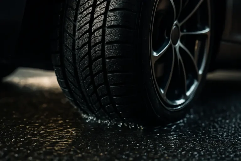 Macro close-up photo of a single car tire braking on wet asphalt, showing detailed tread and rubber texture, with brake disc and pad visible in the blurred background