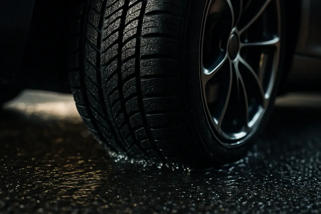 Macro close-up photo of a single car tire braking on wet asphalt, showing detailed tread and rubber texture, with brake disc and pad visible in the blurred background