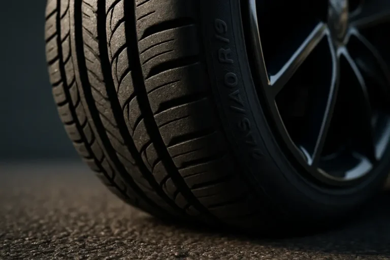 Close-up macro photograph of a single 245 40 R19 car tire mounted on a vehicle, showing detailed tread pattern and vulcanized rubber texture, slightly deformed due to correct tire pressure, making clear contact with coarse asphalt under surface, with blurred background.